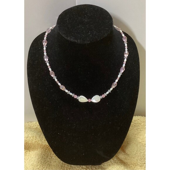 Delicate Necklace with Pink Glass Beads Shells & White Bead with Magnetic Clasp - Picture 1 of 10